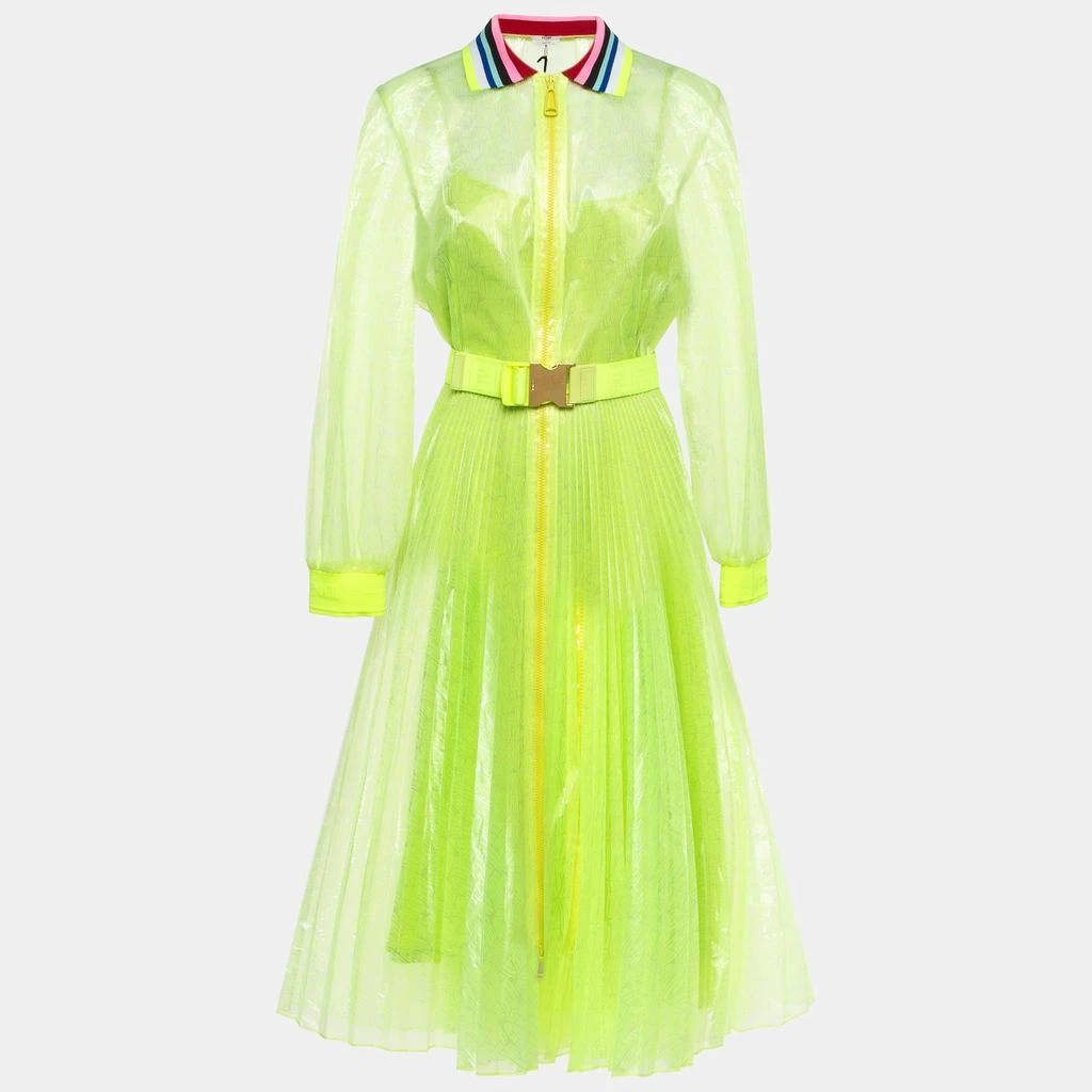 Fendi Fendi Neon Yellow Printed Synthetic Pleated Bleated Midi Dress M 1