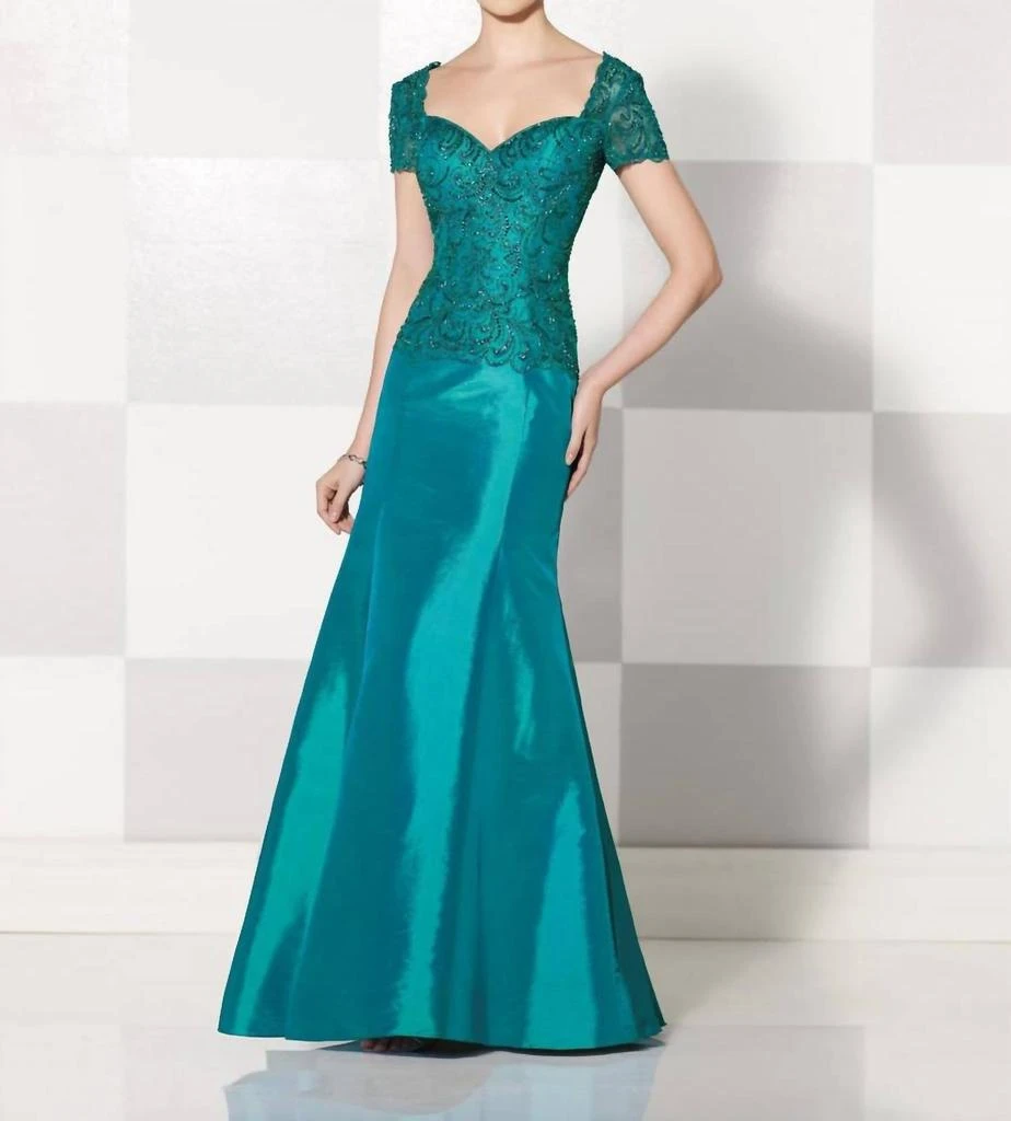 Mon Cheri Taffeta Mermaid Gown In Light Teal