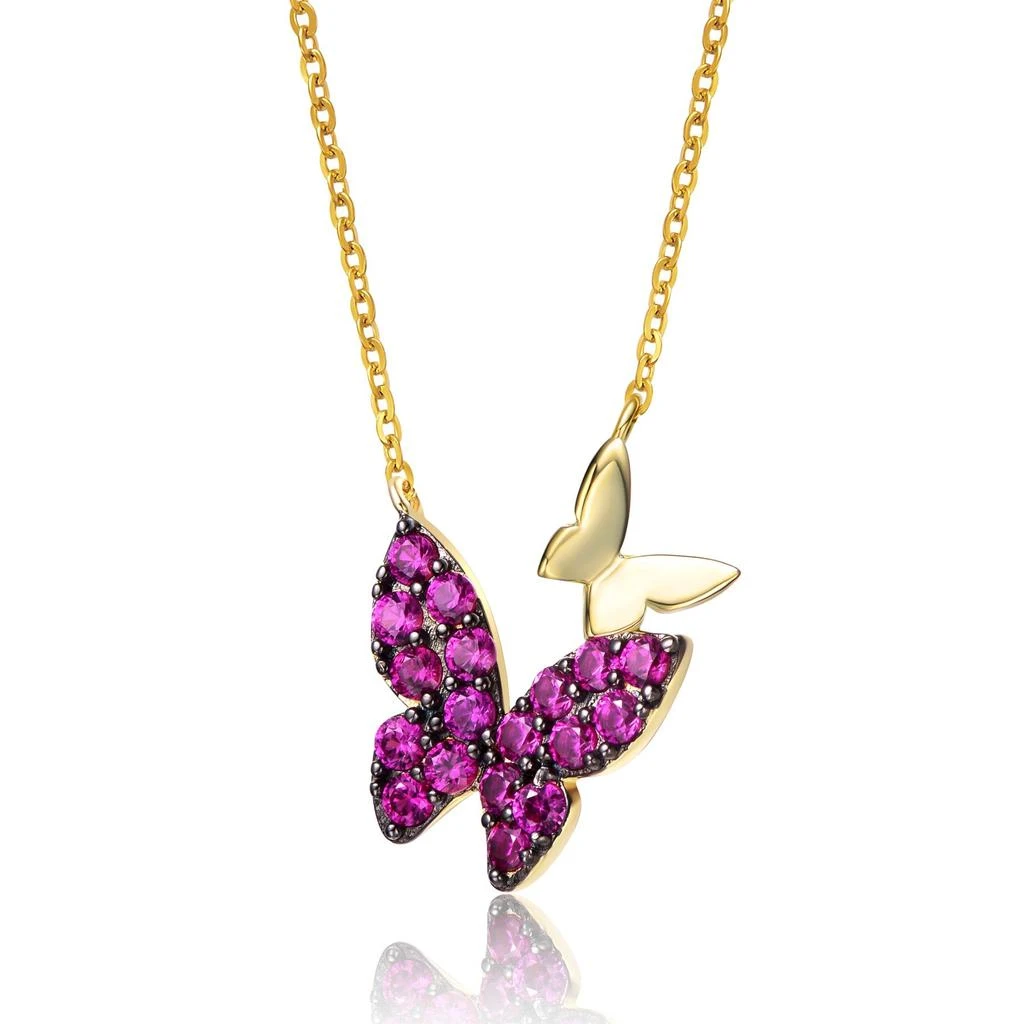 Genevive GV Sterling Silver 14k Yellow Gold Plated with Ruby Cubic Zirconia Double Butterfly Layering Necklace