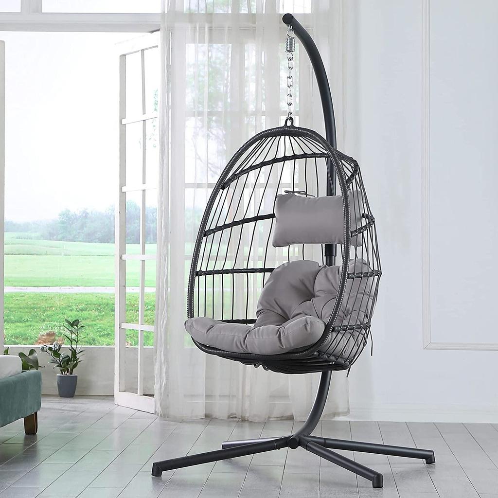 QuikFurn Grey Indoor/Outdoor Wicker Rattan Aluminum Frame Swing Egg Chair Hammock