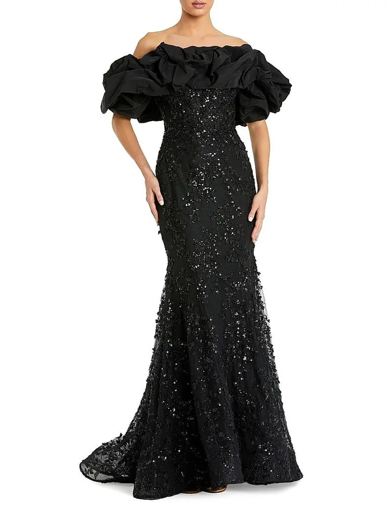 Mac Duggal Evening Beaded Appliqué Off-The-Shoulder Mermaid Gown