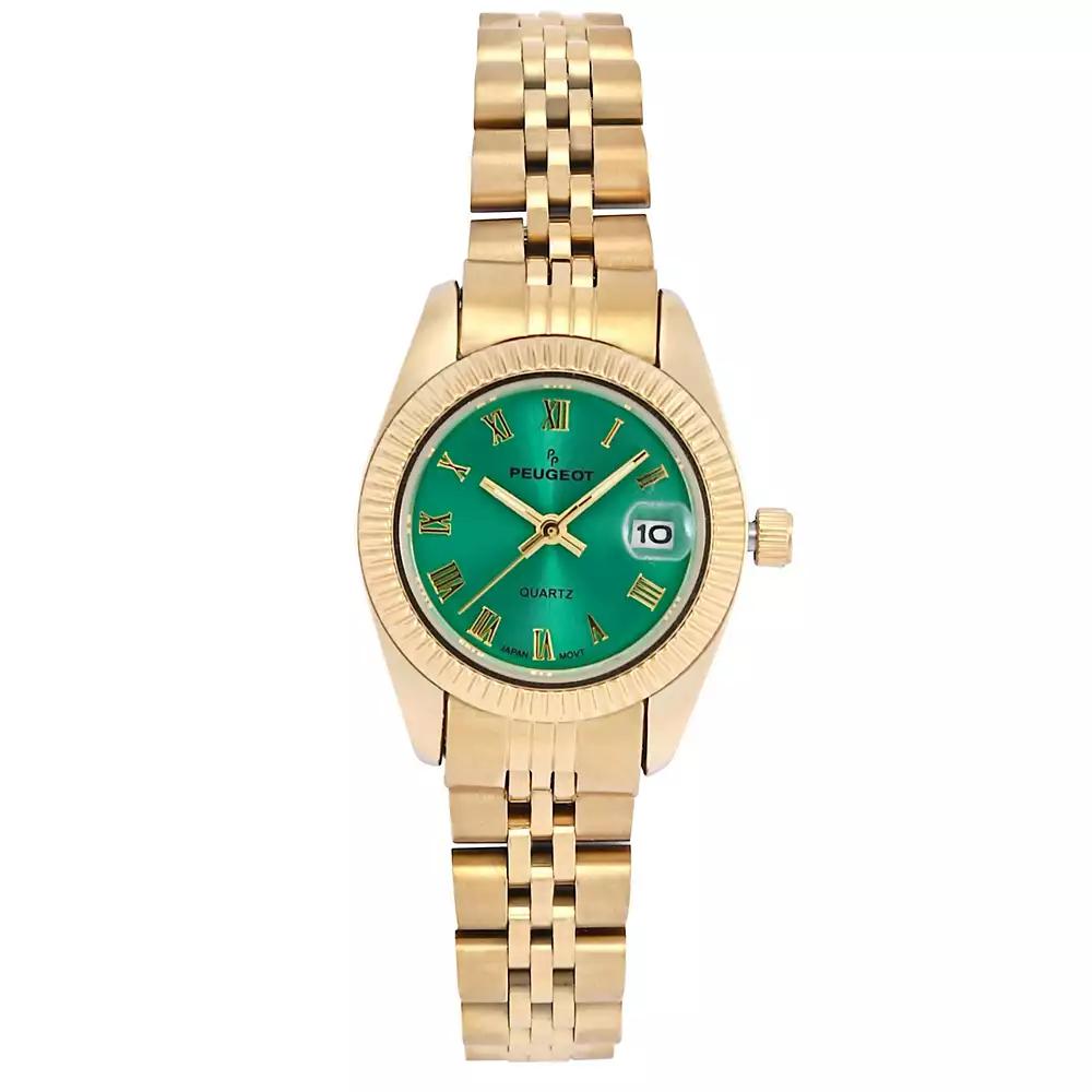 Peugeot Women
s Gold-Tone 25mm Fluted Bezel Steel Bracelet Watch with Green Dial