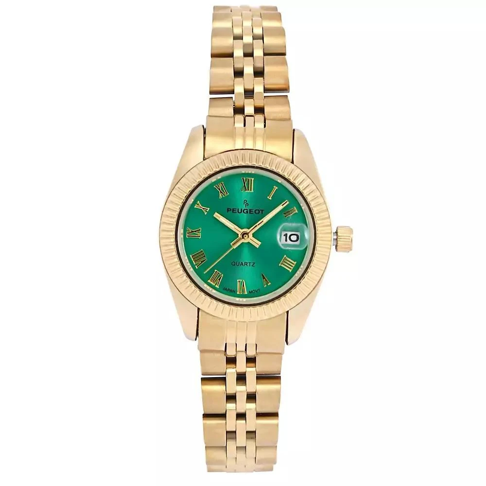 Peugeot Women
s Gold-Tone 25mm Fluted Bezel Steel Bracelet Watch with Green Dial 1