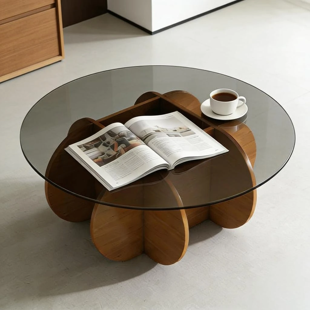 Streamdale Furniture Streamdale Modern Round Coffee Table, 31.5" Walnut Mid Century Center Table with Glass Top 3
