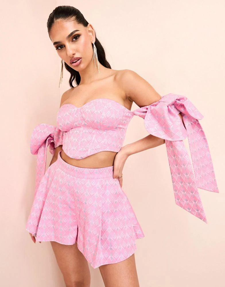 ASOS Luxe ASOS LUXE jacquard co-ord bandeau corsetted top with bow tie sleeves in pink print 1