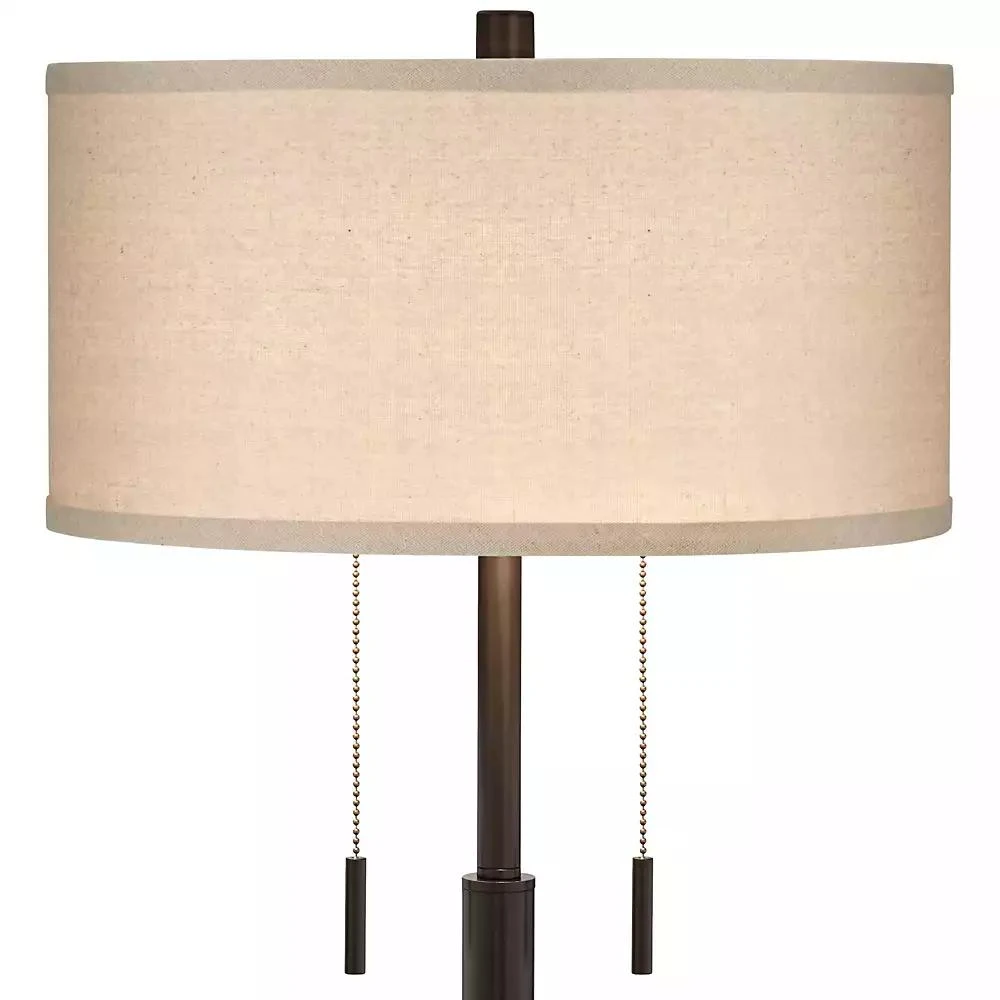 Franklin Iron Works Bernie Industrial Table Lamps 25" High Set of 2 Rich Bronze with USB Charging Port Tan Drum Shade for Bedroom Living Room Bedside 5