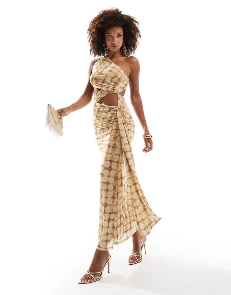 ASOS ASOS DESIGN mesh asymmetric one shoulder midi dress with long ties in yellow check 1
