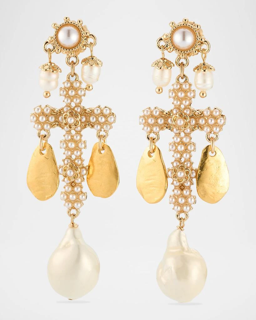 Devon Leigh White Pearl Gold Leaf Cross Post Earrings 1