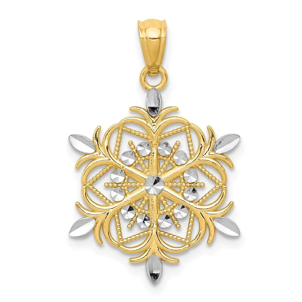 Diamond2Deal 14k Yellow Gold and White Rhodium Diamond-cut Snowflake Pendant 1