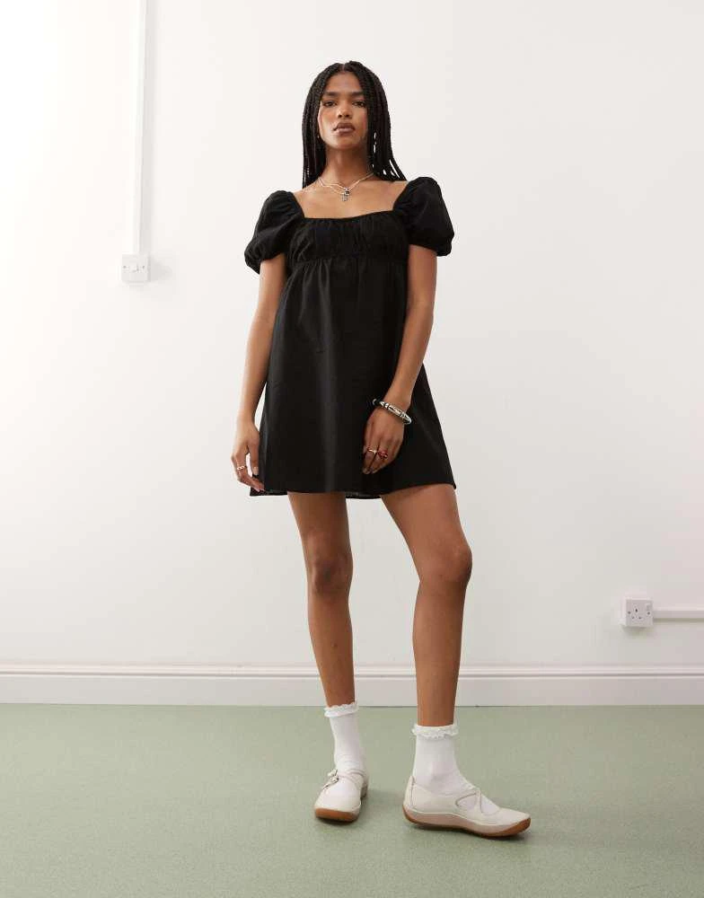 Monki Monki linen mini dress with puff sleeves in black exclusive to ASOS 1