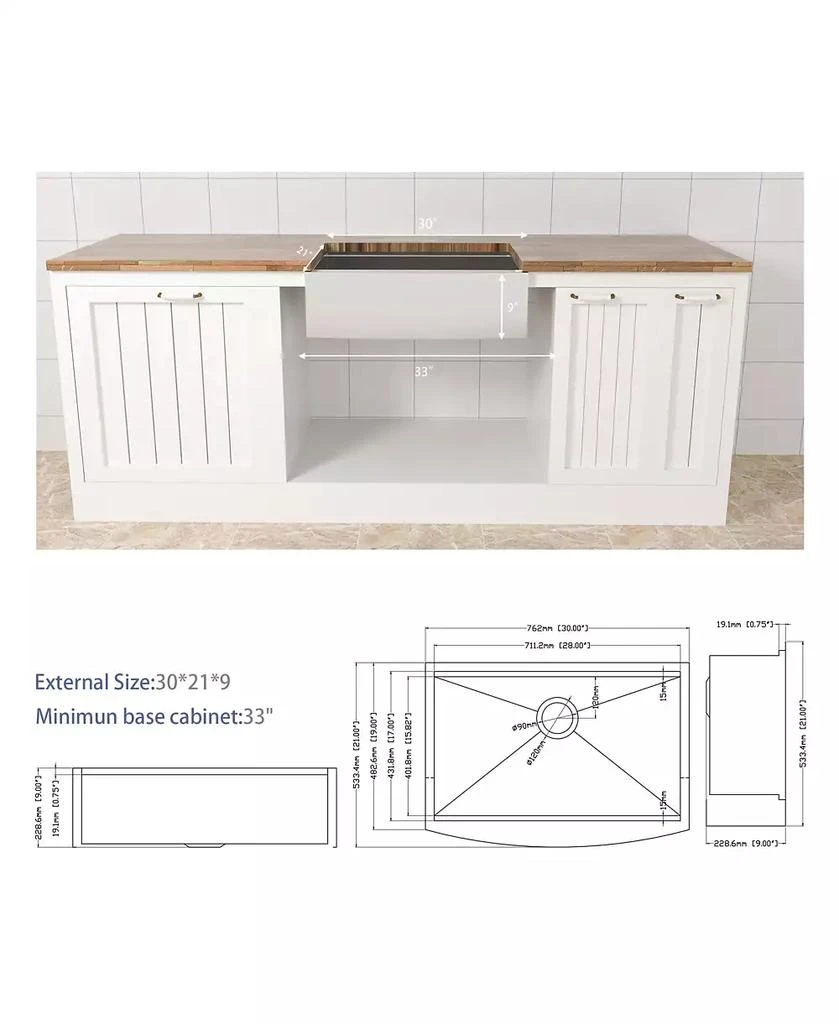 Flynama 30x21x9inch Farmhouse Kitchen Sink Workstation Stainless Steel 16 Gauge Apron Front 6