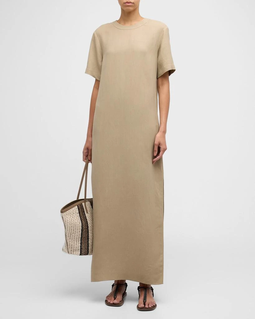 Brunello Cucinelli Fluid Linen Twill T-Shirt Dress with Slits and Monili Detail 2