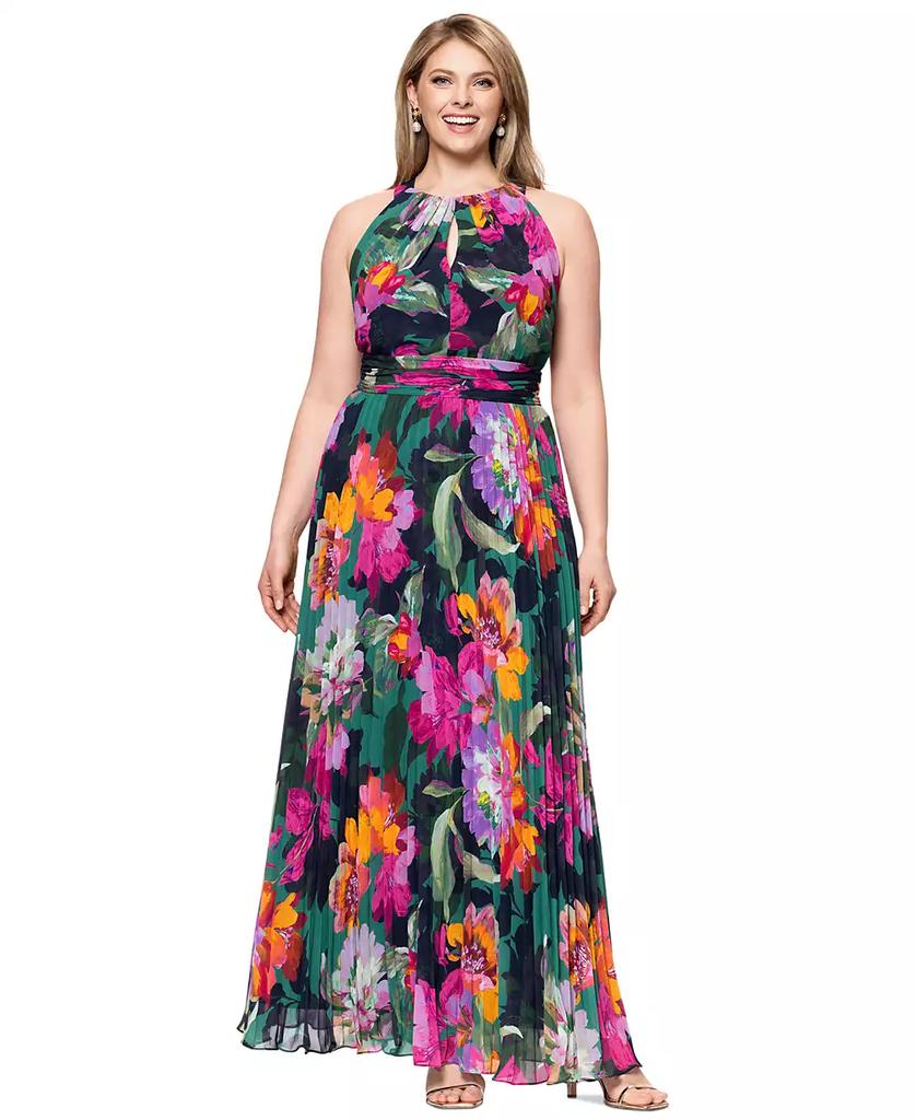 XSCAPE Plus Size Printed Halter-Neck Pleated Sleeveless Gown