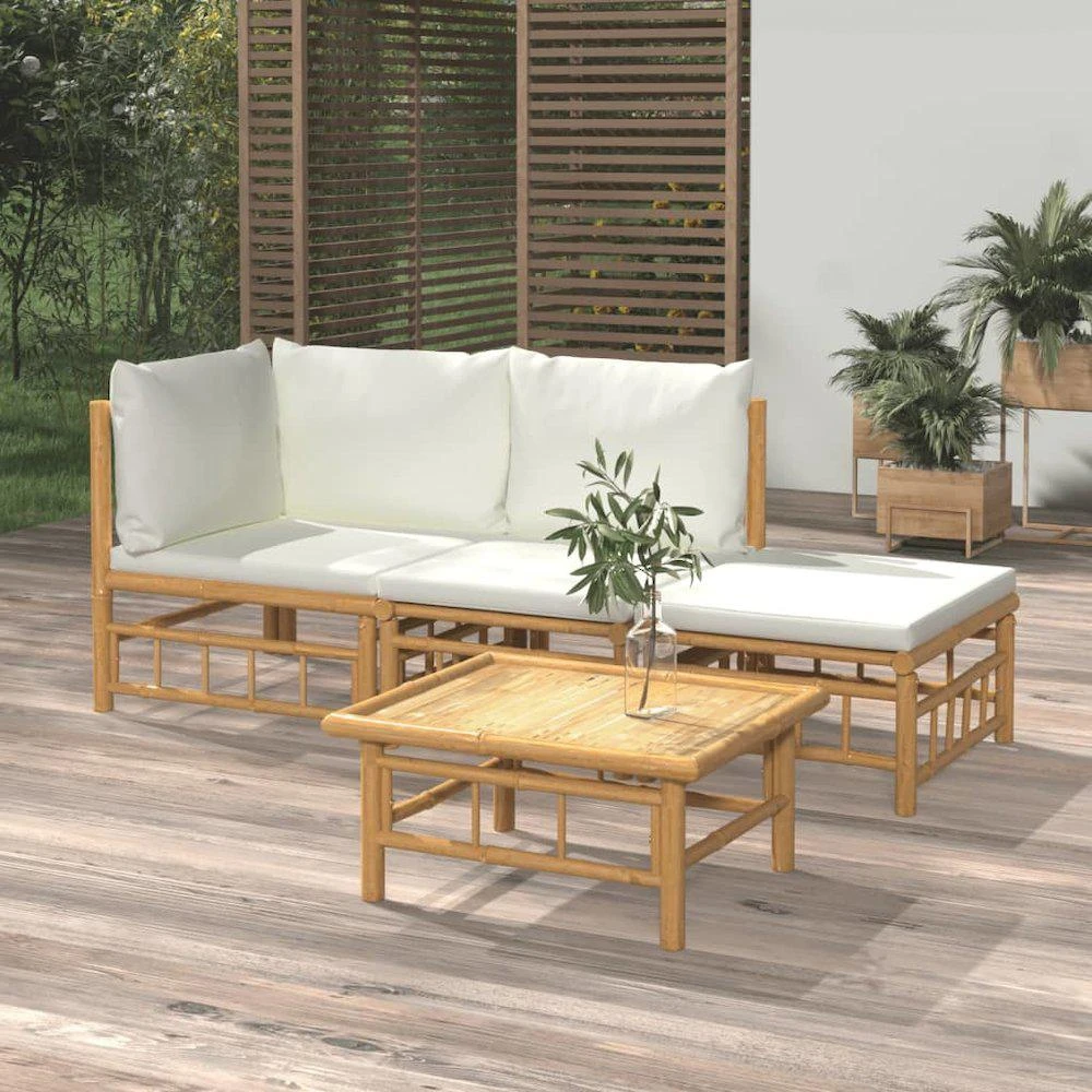 VidaXL 4 Piece Patio Lounge Set with Cream White Cushions Bamboo