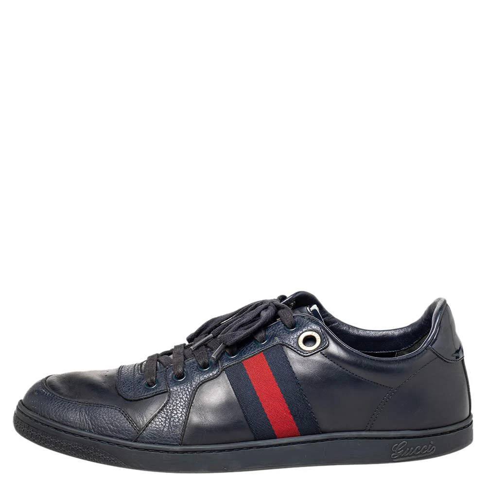 Gucci Gucci Navy Blue Leather And Canvas Web Low Top Sneakers Size 44 2