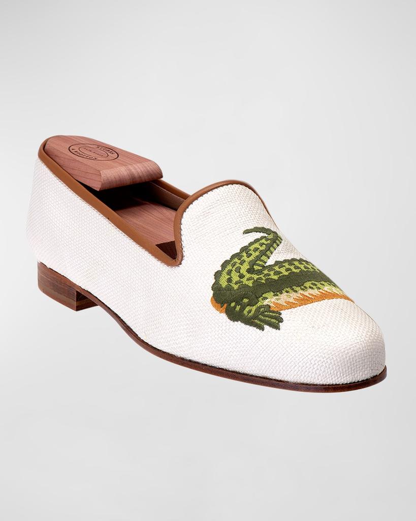 Stubbs and Wootton Men's Embroidered Alligator Raffia Loafers