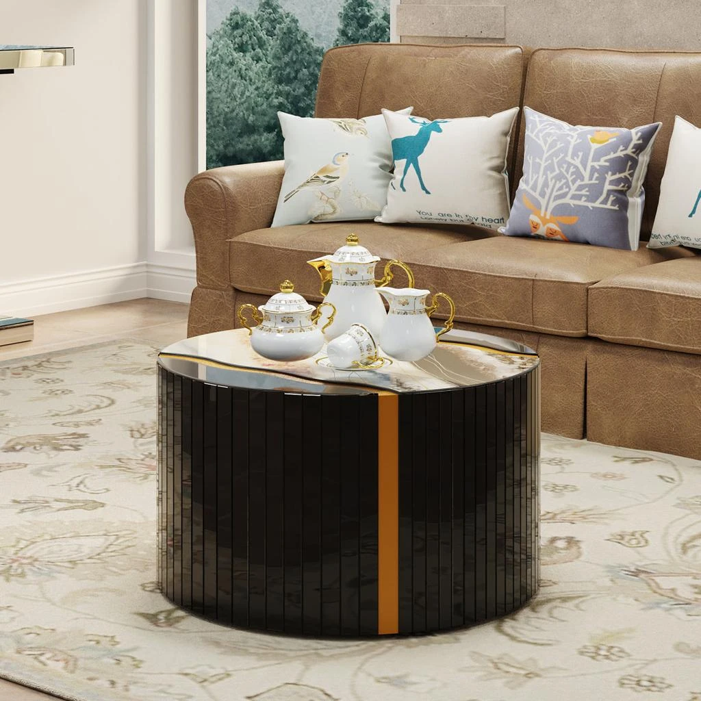 Streamdale Furniture Streamdale Black gold round mirror coffee table with marble pattern sticker side table. 2