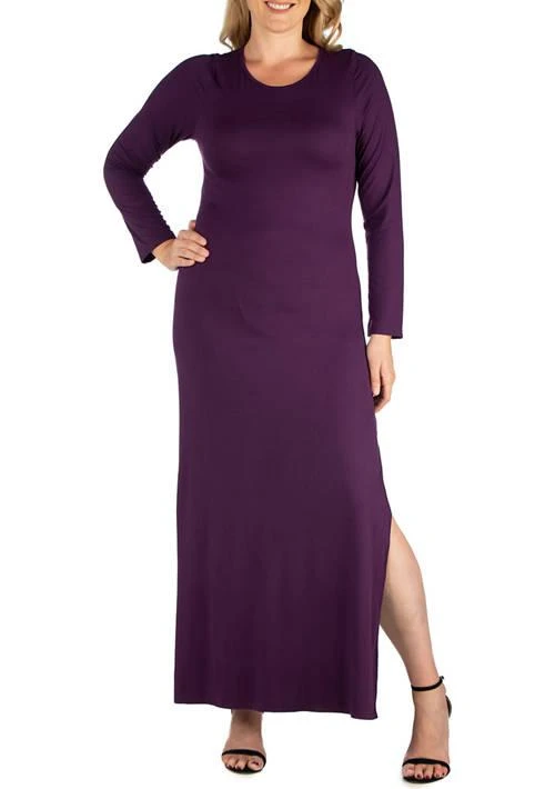24seven Comfort Apparel Comfort Apparel Plus Size Long Sleeve Side Slit Fitted Black Maxi Dress