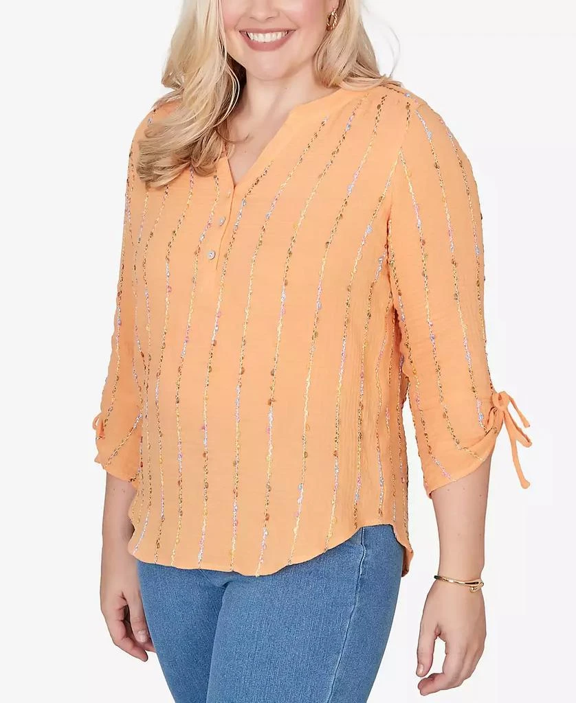 Alfred Dunner Women
s  Beachcomber Eyelash Gauze Textured Tie Sleeve Henley Top 2