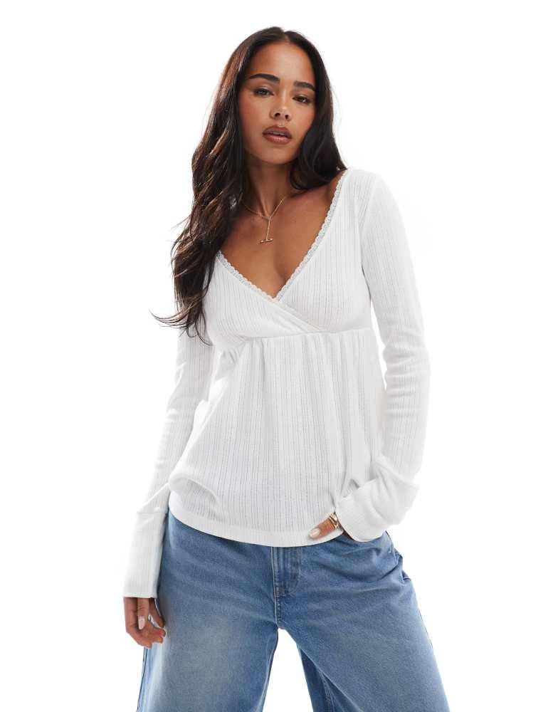 HOLLISTER Hollister long sleeve babydoll pointelle top in white 1