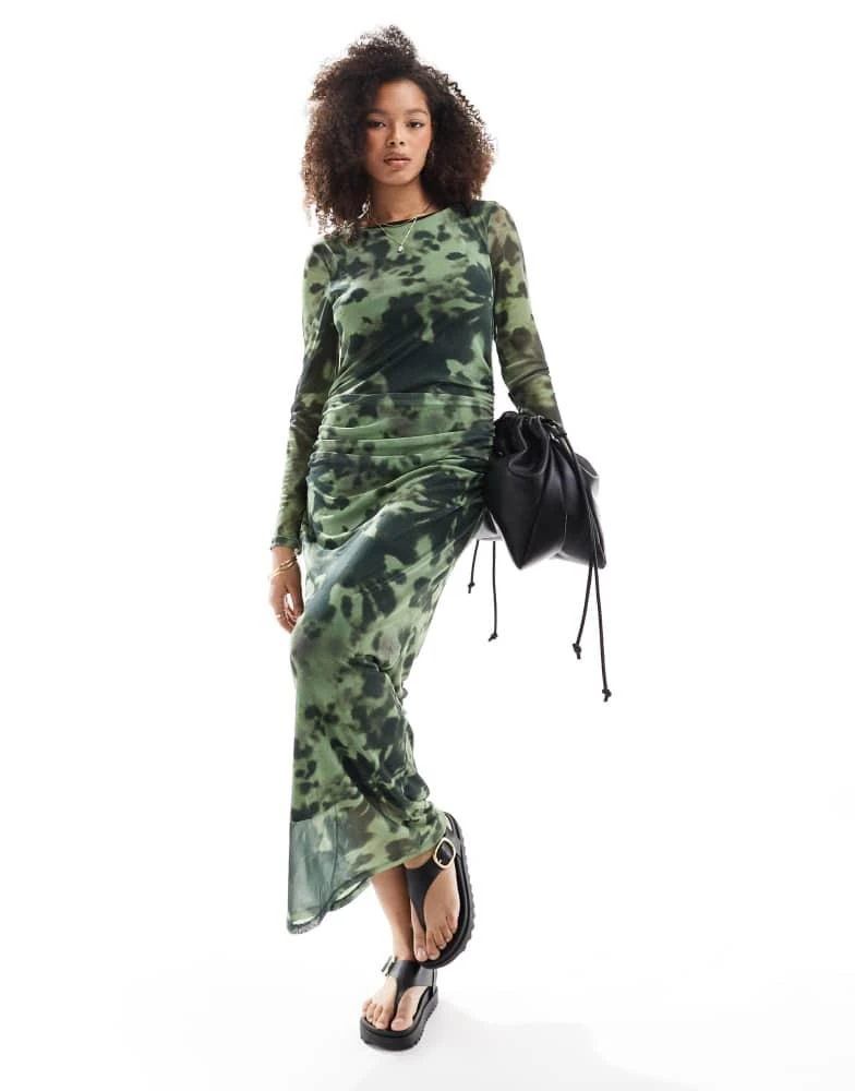 VERO MODA Vero Moda long sleeved mesh maxi dress in green blurred floral 1