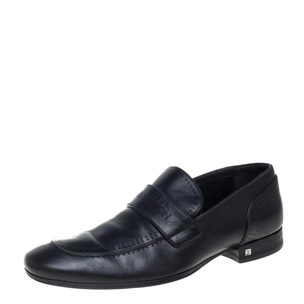 Louis Vuitton Louis Vuitton Black Leather Logo Perforated Slip On Loafers Size 40 1