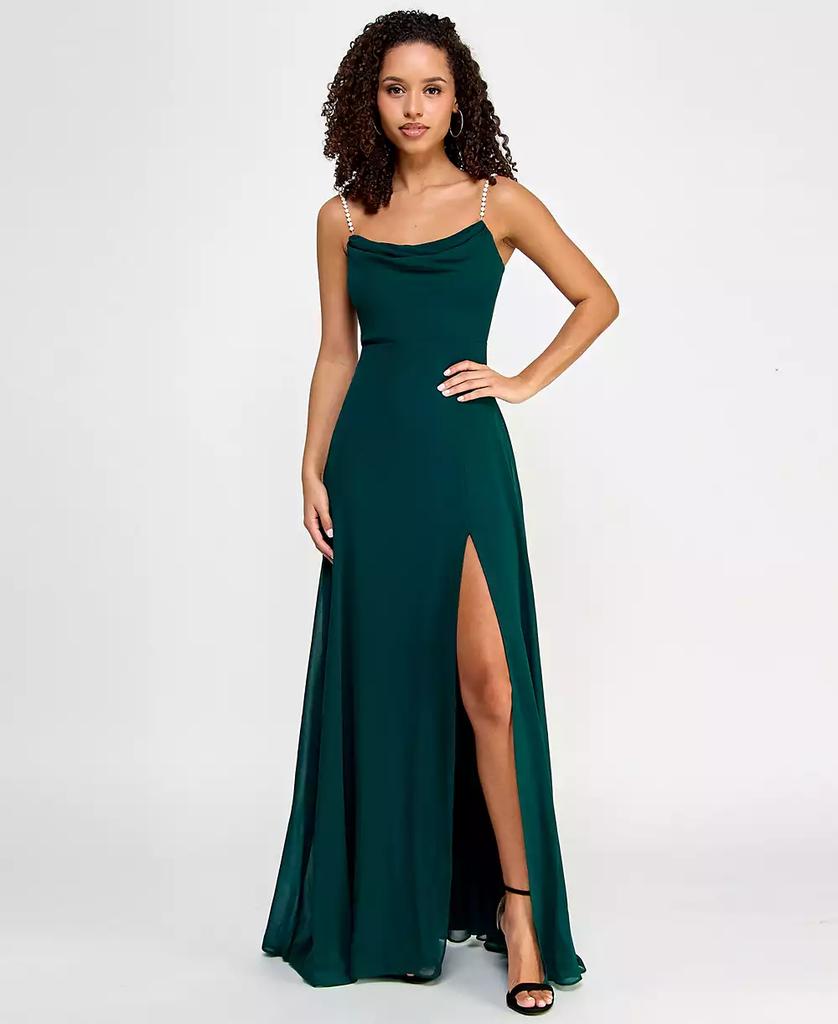 City Studios Juniors' Drape-Neck Faux-Peal-Strap Gown