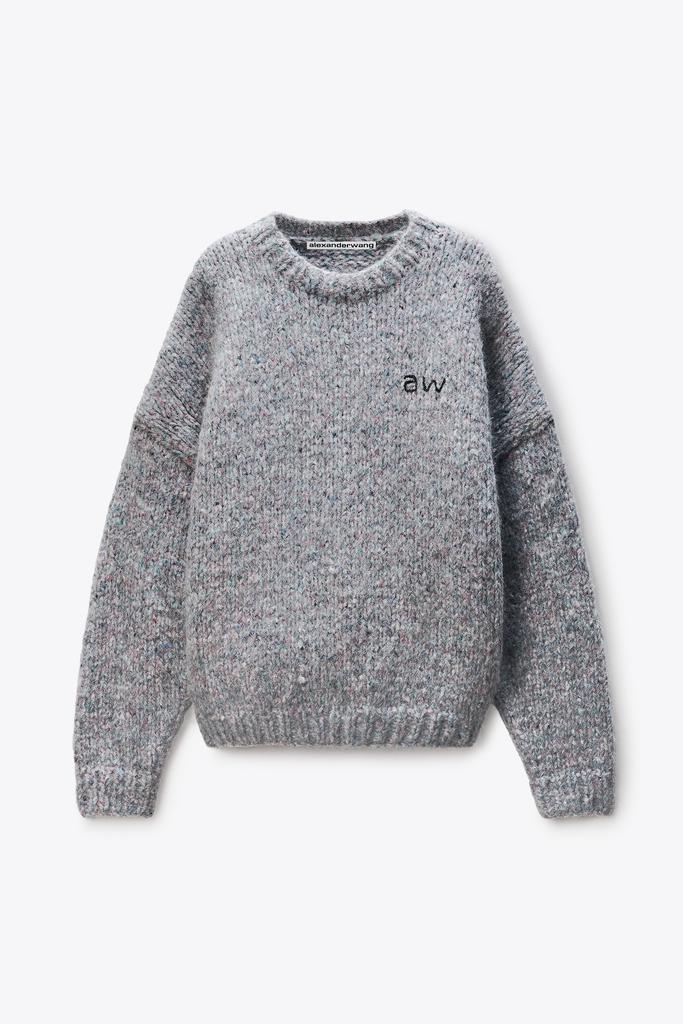 Shop Grey Oversized Pullover with Hand-Crochet Logo on Sale at