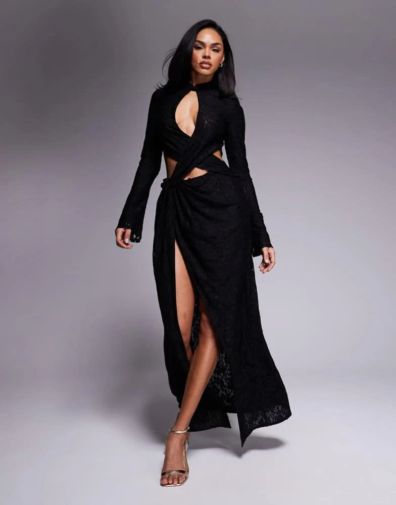 Murci Murci exclusive lace high neck keyhole detail thigh split maxi dress in black 1