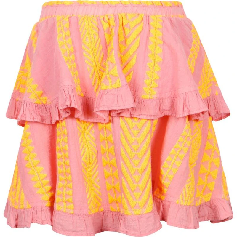 Devotion Geometric print ruffled skirt in pink and lime yellow 2