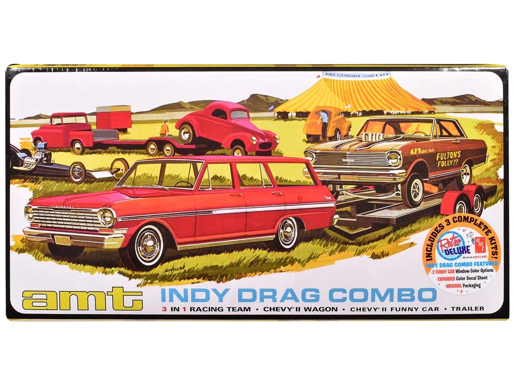 AMT Skill 2 Model Kit Indy Drag Combo Chevrolet II Wagon and Funny Car with Trailer 3 in 1 Set 1/25 Scale Model by