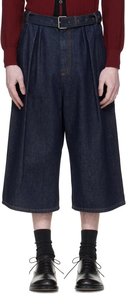 Navy Pleated Denim Shorts