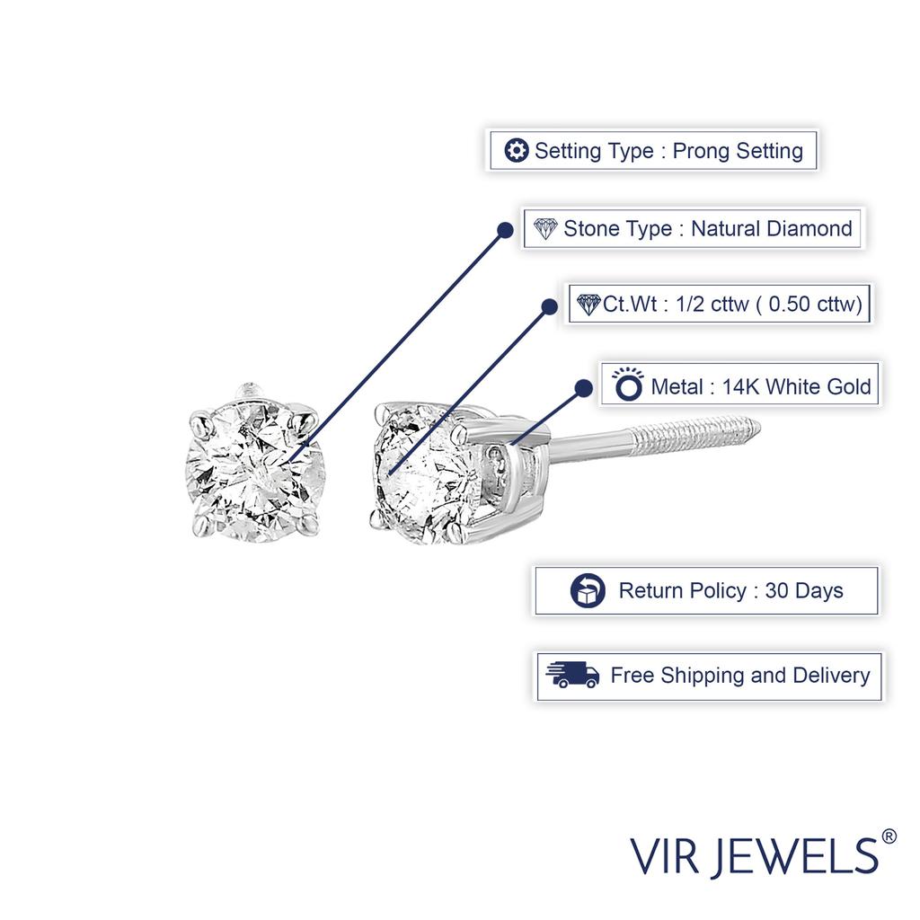 Vir Jewels 1/2 cttw SI2-I1 Certified Diamond Stud Earrings 14K White Gold Round Screw Backs