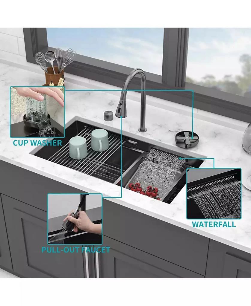 Flynama 33x16.72x10inch Undermount Gunmetal Black Waterfall Kitchen Sink Stainless Steel Workstation 3