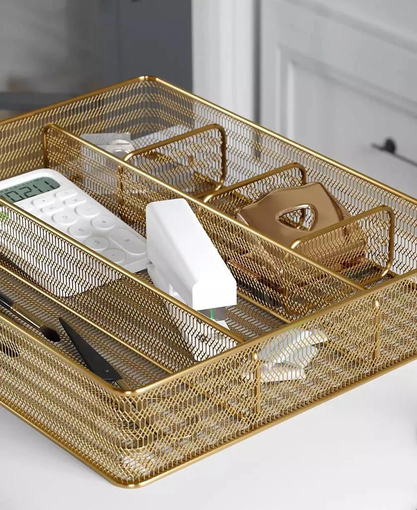 Martha Stewart Ryder Gold-Tone Mesh Metal 6 Compartment Large Desk Drawer Organizer for Accessories and Office Supplies 6