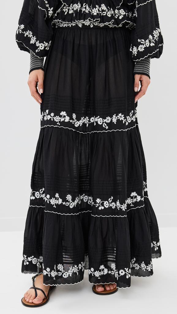 Farm Rio Black Embroidered Ruffled Maxi Skirt