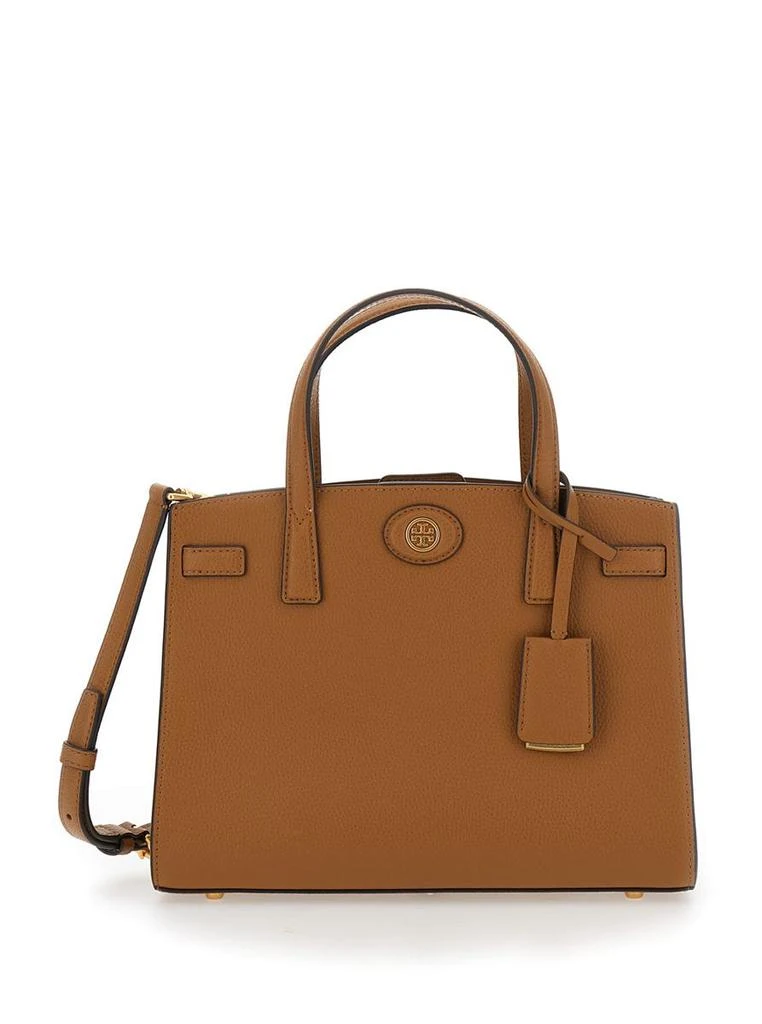 Tory Burch 'Robinson' Brown Handbag With Logo Plaque On The Front And Luggage Tag In Leather Woman 1