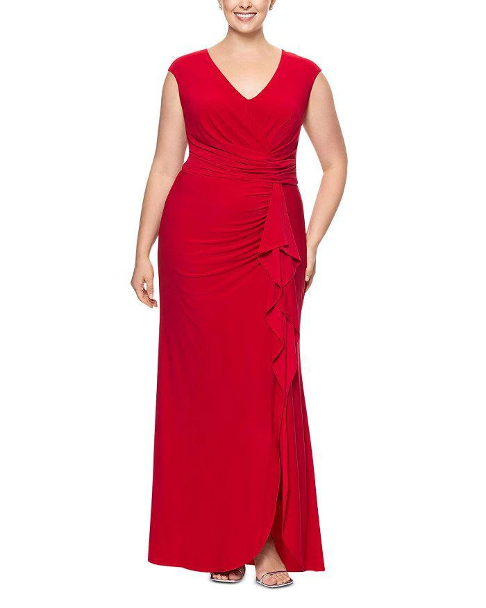 Betsy & Adam Plus V Neck Cascade Ruffle Gown 1
