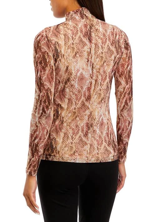 Anne Klein Klein Womens Printed Mesh Long Sleeve Zip Back Mock Neck Top 2