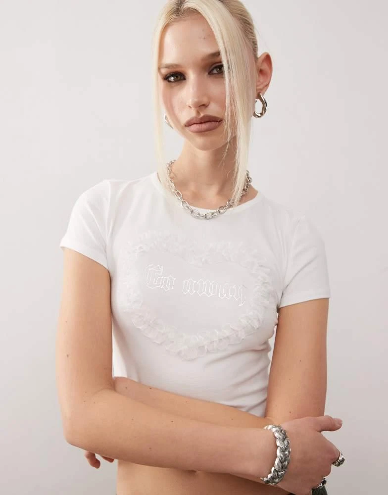 Monki Monki shrunken fit top with frill heart graphic in white 1