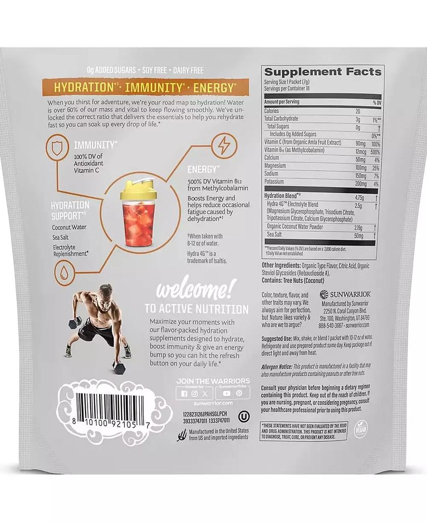Sunwarrior Active Hydration Juicy Pineapple Powder, Sugar Free B12 Elderberry and Electrolytes Water Enhancer, Sunwarrior, 18 stick packs 126g pouch 5