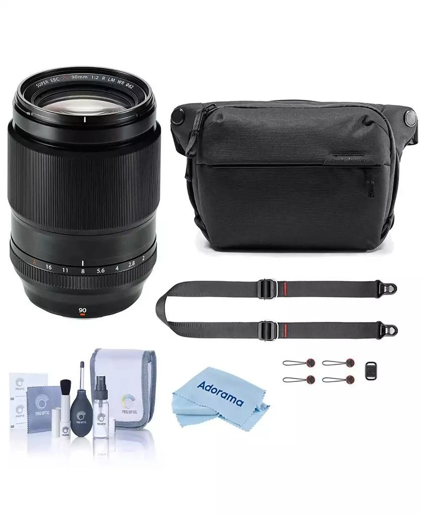Fujifilm XF 90mm f/2 R LM WR Lens, Bundle with Peak Design 3L Everyday Sling V2, SlideLITE Strap, Cleaning Kit, Cleaning Cloth
