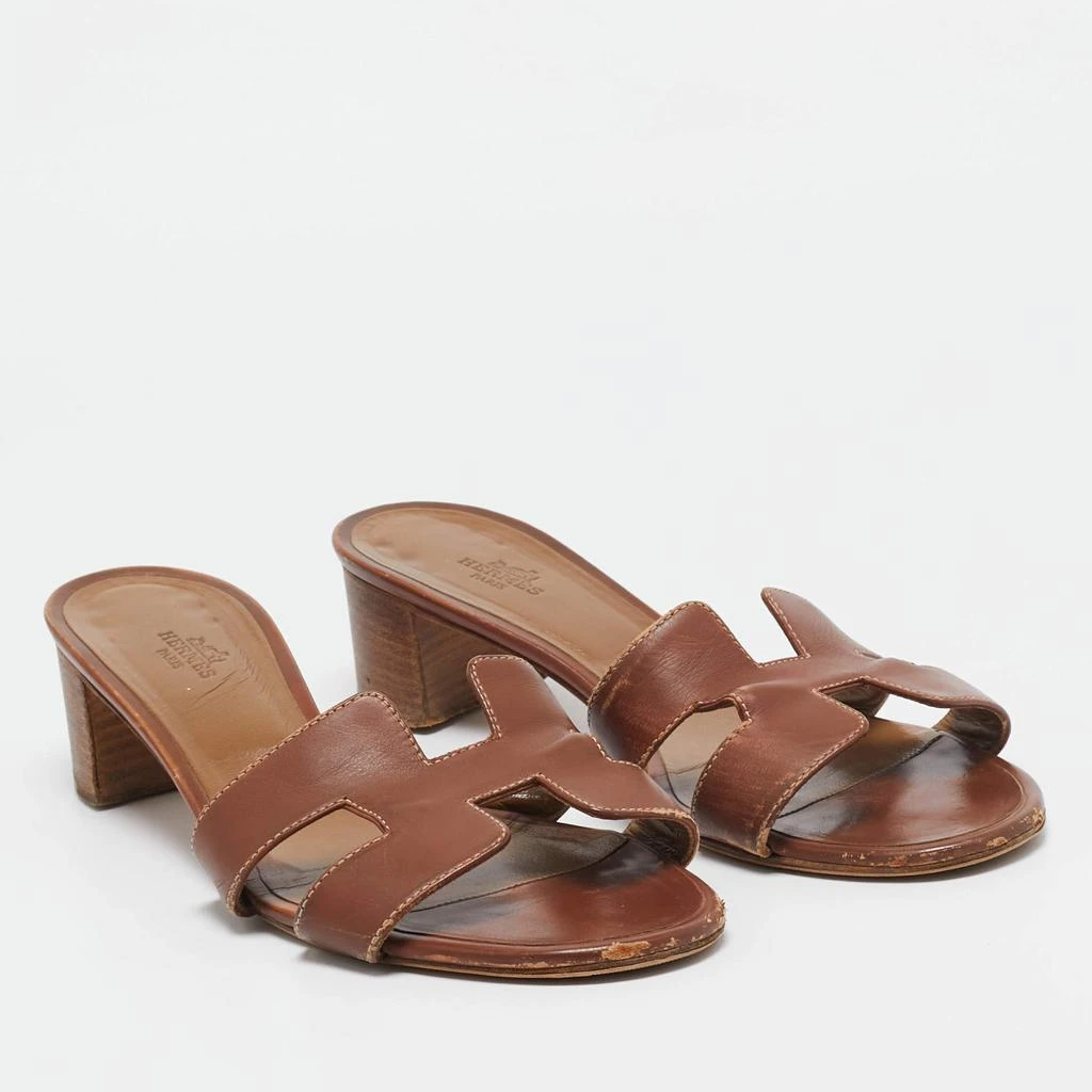 Hermes Hermes Brown Leather Oasis Block Heel Slide Sandals Size 41 4