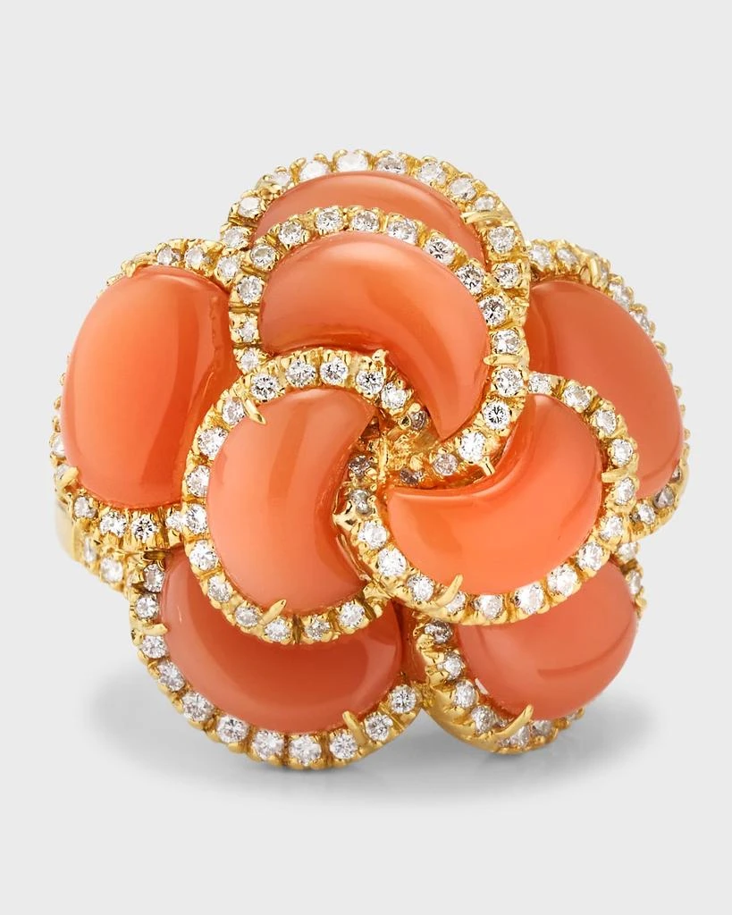 NM Estate Estate 18K Yellow Gold 8 Kidney Shape Carnelian and 132 Diamond Domed Ring, Size 7-8 1