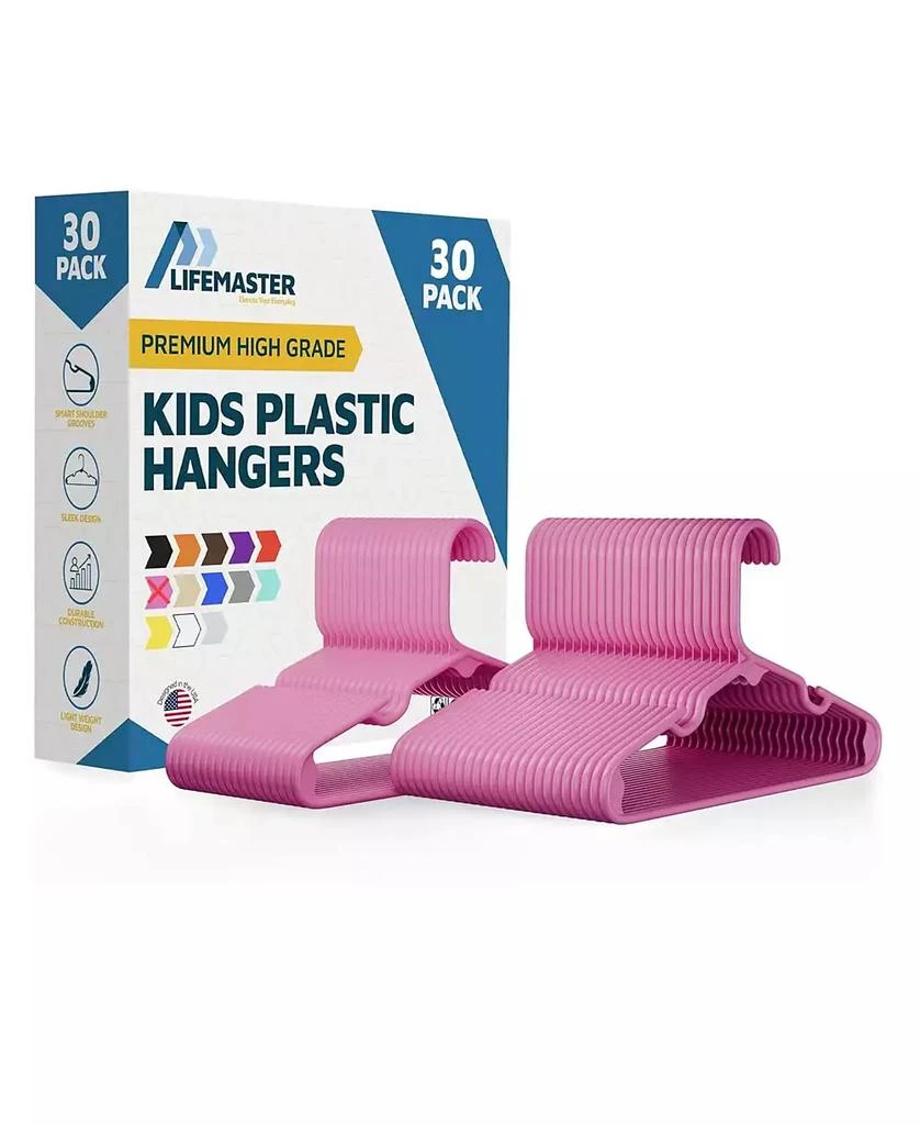 Lifemaster Kids Plastic Hangers, Pink, 11.6", with shoulder notches, space-saving, hold 5 lbs, ideal for baby, toddler 
kids  clothes, 30-pack.