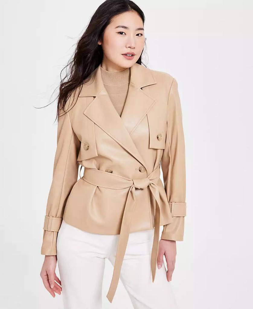 Anne Klein Petite Belted Crossover Faux-Leather Coat