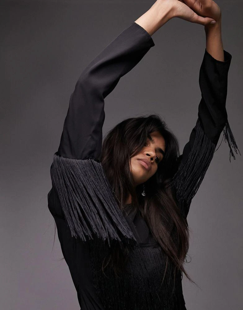 Topshop Topshop fringe detail asymmetric long sleeve mini dress in black 3