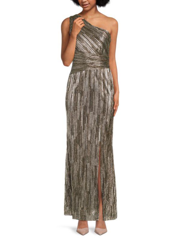 Eliza J Metallic Pleated One-Shoulder Maxi Dress - Dresses