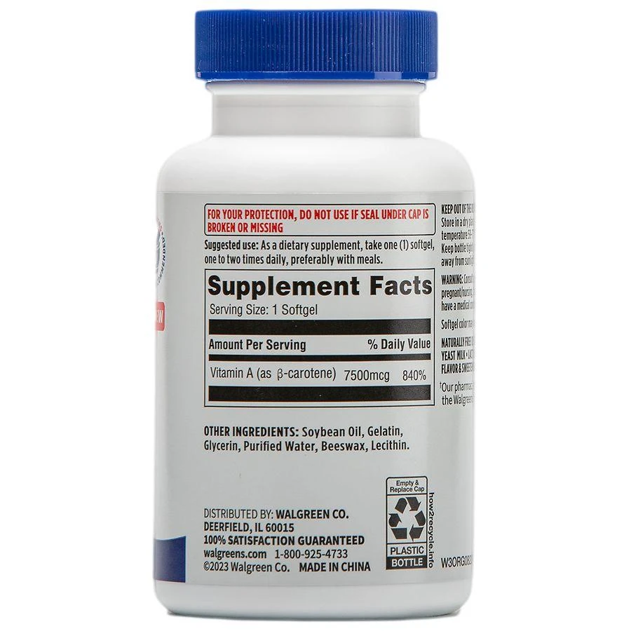 Walgreens Free & Pure Beta Carotene (Vitamin A) Supplement 7500 mcg Softgels (100 days) 4