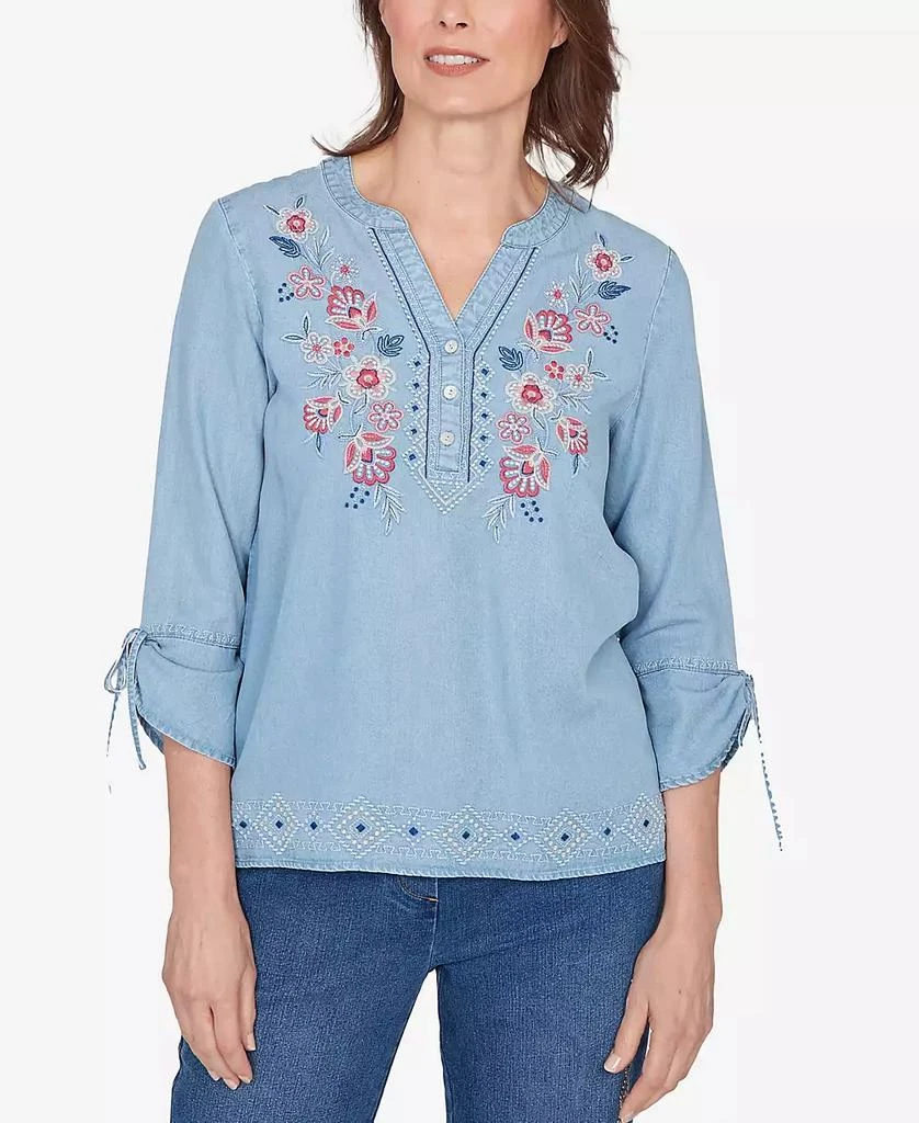 Alfred Dunner Women
s  Austin Floral Embroidered Tie Sleeve Henley Top